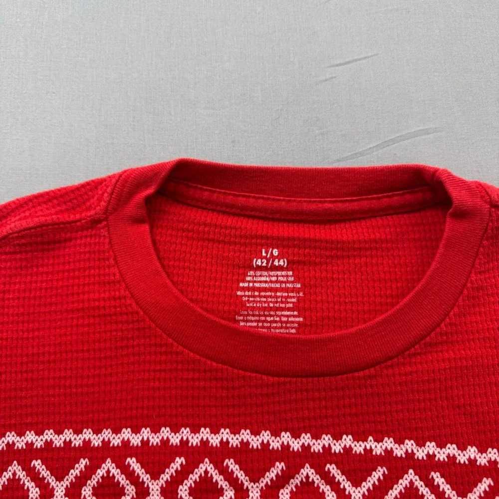 Mens Red Fair Isle Reindeer‎ Waffle Knit Thermal Long Sleeve Shirt Large